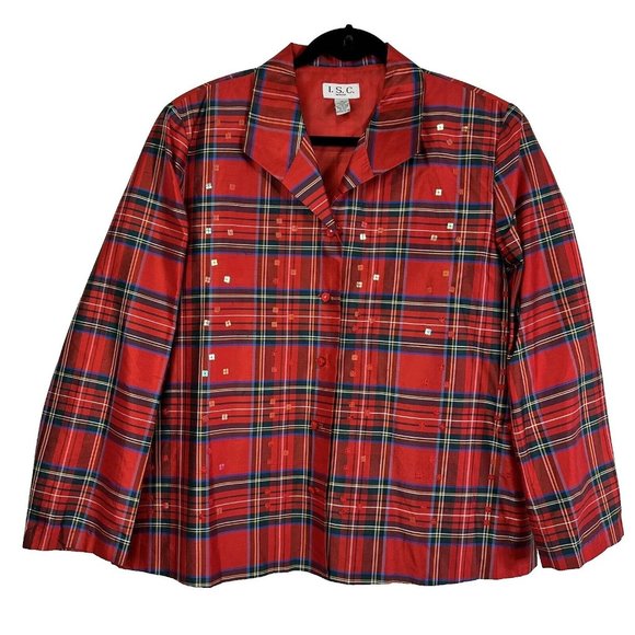 I.S.C. Women's 100% Silk Plaid Beaded Shacket Blouse Size 1X Red Multi EUC - Picture 1 of 11